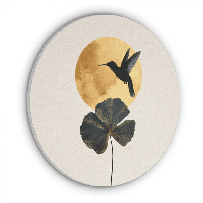 Acoustic painting round - Black hummingbird - Flower - Golden circle