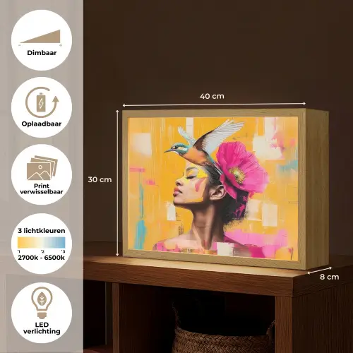 Vogel - Vrouw - Abstract - Bloem Light Box met batterij (Wandlamp) middel -USP_websiteoverzichtNL