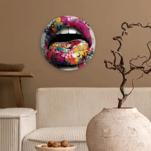 Lippen - Graffiti - Expressief Wandcirkel kunststof plaat 5mm dik klein -sfeer1