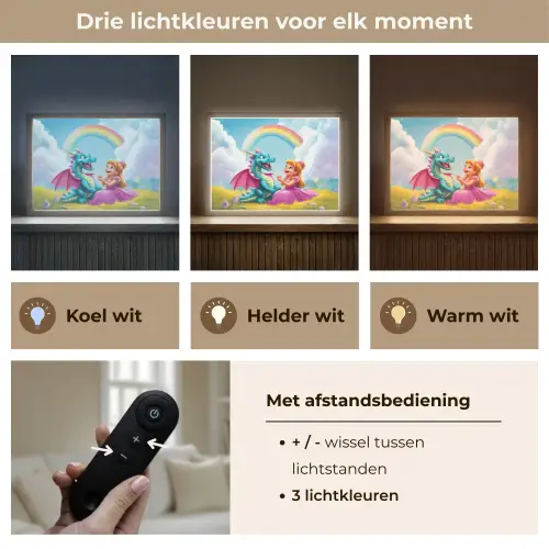 Prinses - Draak - Regenboog Light Box met batterij (Wandlamp kind) middel -USP_lichtkleurNL