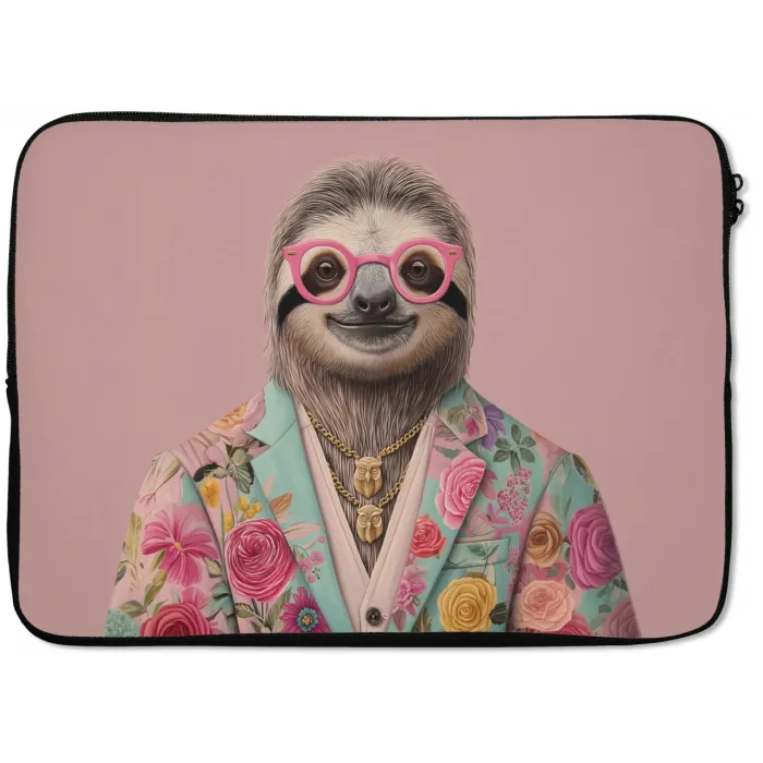 Luiaard - Bloemenprint - Bril - Roze laptophoes neopreen klein -zkaufland3dotto