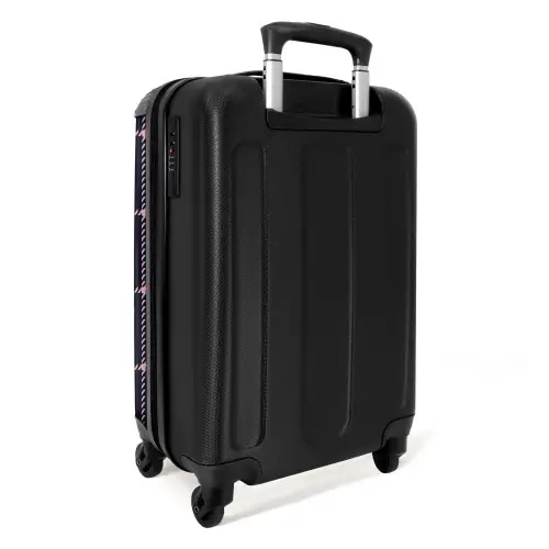 Donkerblauw ruitpatroon met roze visgraatlijnen NBS - Handbagage koffer - Kinderen Unisex middel -achterkant