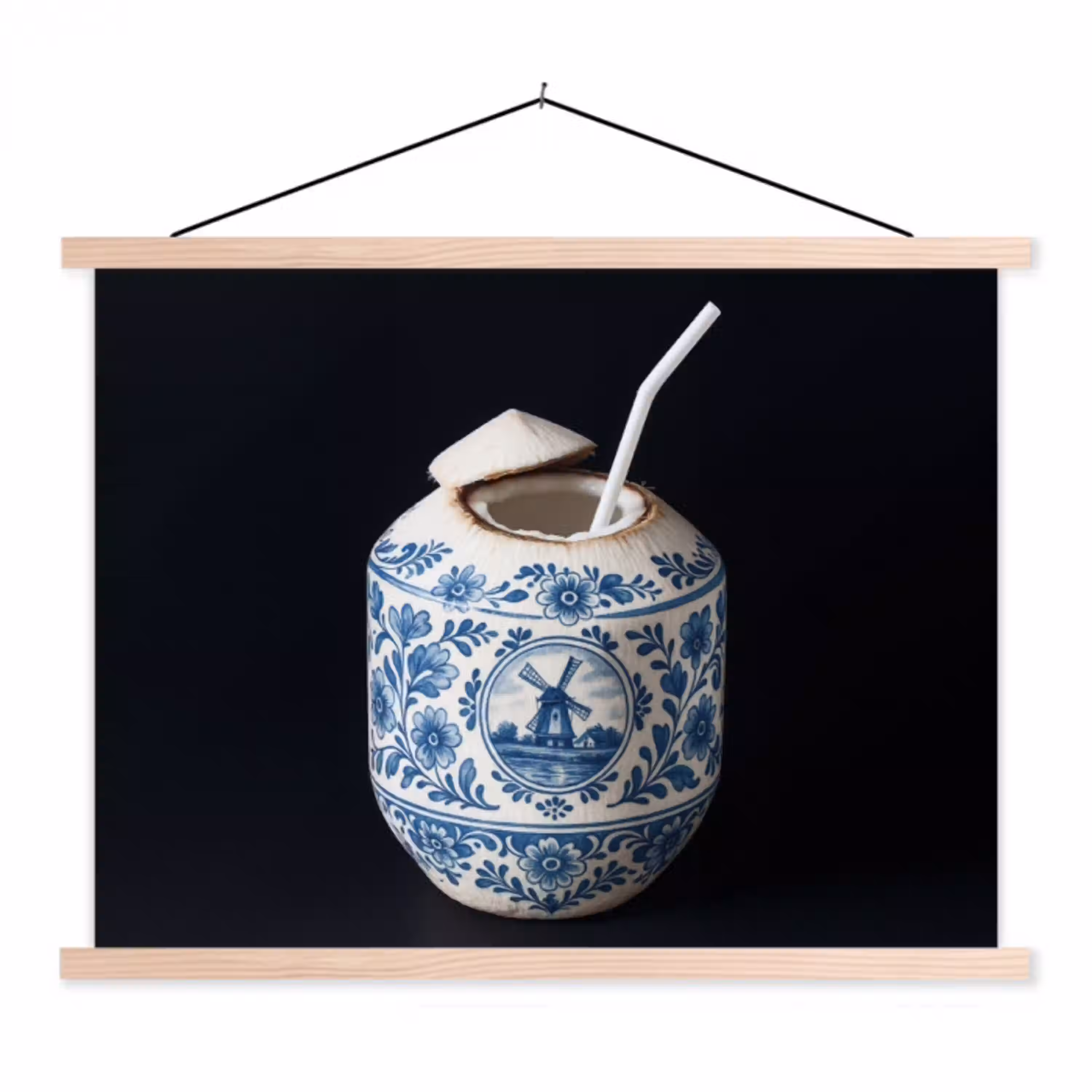 Kokosnoot - Eten - Delfts blauw - Drinken textielposter latten blank klein -3d
