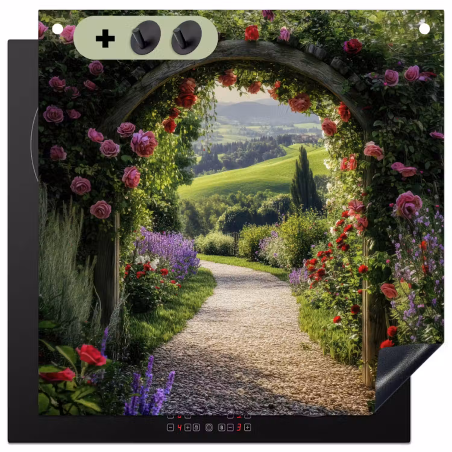 Inductie beschermer en spatscherm (2in1) - Doorkijk - Tuinboog - Bloemen - Natuur - Pad