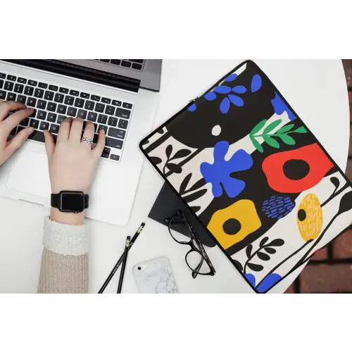 Bloemen - Bladeren - Abstract - Zwart laptophoes neopreen klein -bureau