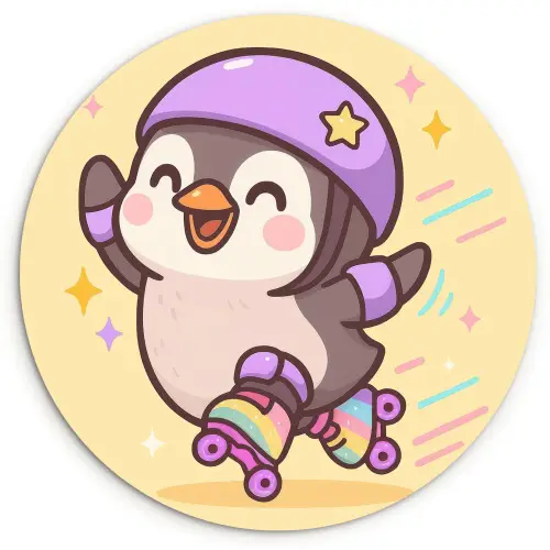 Pinguïn - Rolschaatsen - Geel - Energiek Wandcirkel kunststof plaat 5mm dik klein -3d