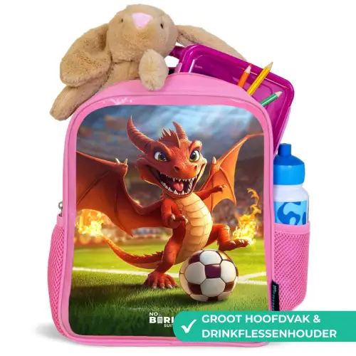 Rode draak voetbalt in zonnig stadion Kinderrugzak - Roze middel -inhoud_NL