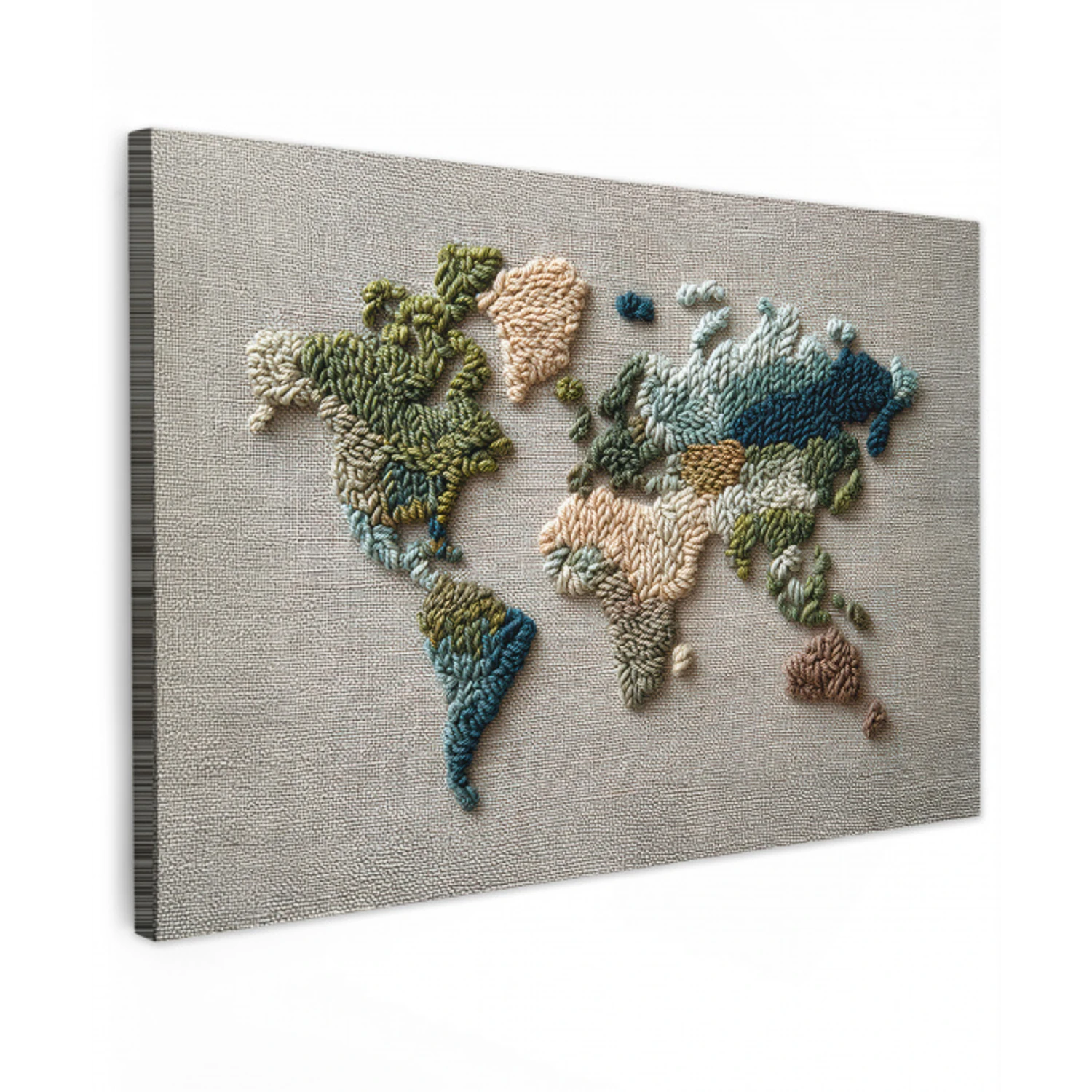 Wereldkaart - Geborduurd - Aardetinten Tuinposter op houten frame 2 cm dik klein -3d