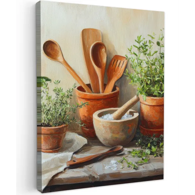 Canvas schilderij - Potten - Kruiden - Hout