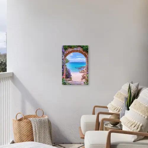 Doorkijk - Poort - Zee - Strand - Rotsen Tuinposter op houten frame 2 cm dik klein -sfeer1