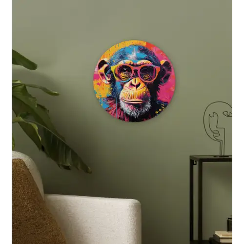 Graffiti - Chimpansee - Aap - Bril - Kleurrijk Wandcirkel kunststof plaat 5mm dik klein -sfeer3