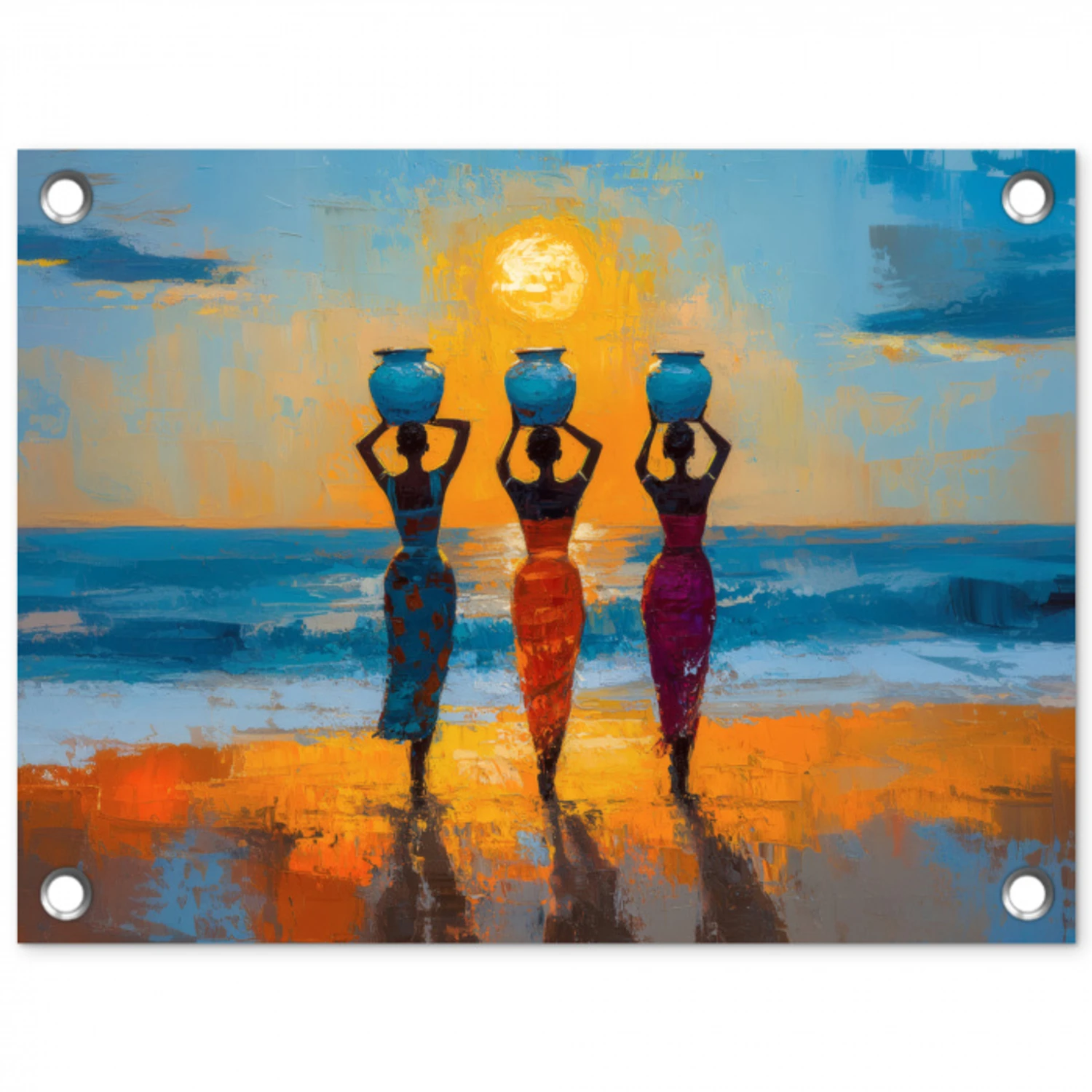 Vrouwen - Strand - Zondsondergang tuinposter los doek klein -3d