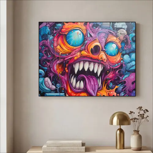 Monster - Graffiti - Kleuren - Oranje Textielframe zwart klein -sfeer2