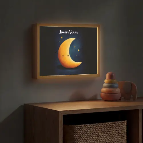 Maan - Geel - Sterren - Gezichtje Light Box met batterij (Wandlamp kind) middel -sfeer5_kind