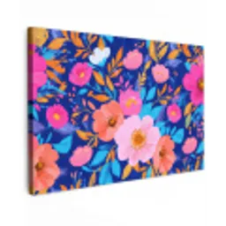 Bloemen - Blauw - Roze Tuinposter op houten frame 2 cm dik klein -3d