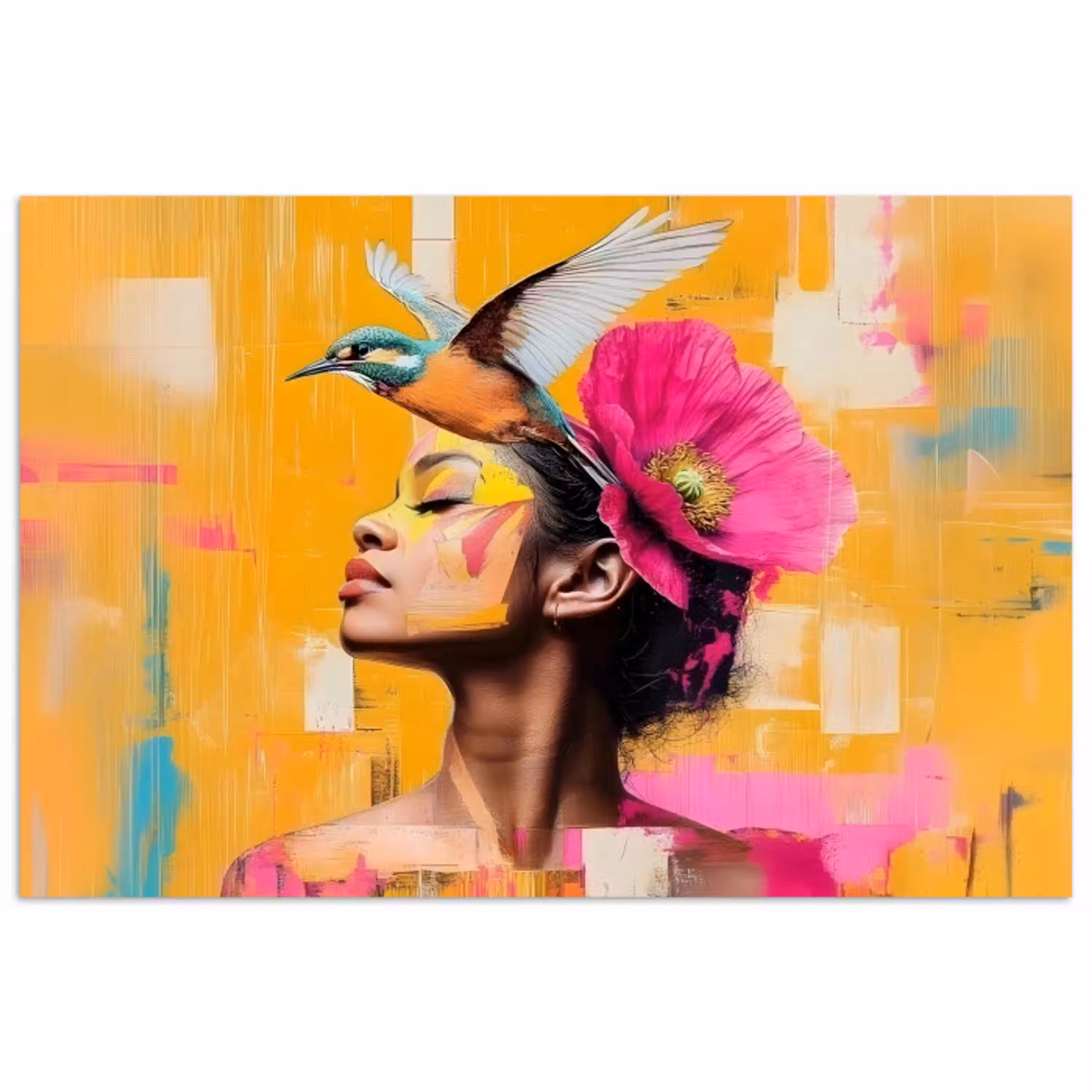 Vogel - Vrouw - Abstract - Bloem poster papier klein -3d