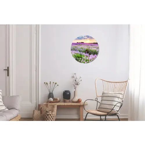 Lavendel - Bloemen - Zonsondergang - Paars - Weide Wandcirkel aluminium klein -woonkamer