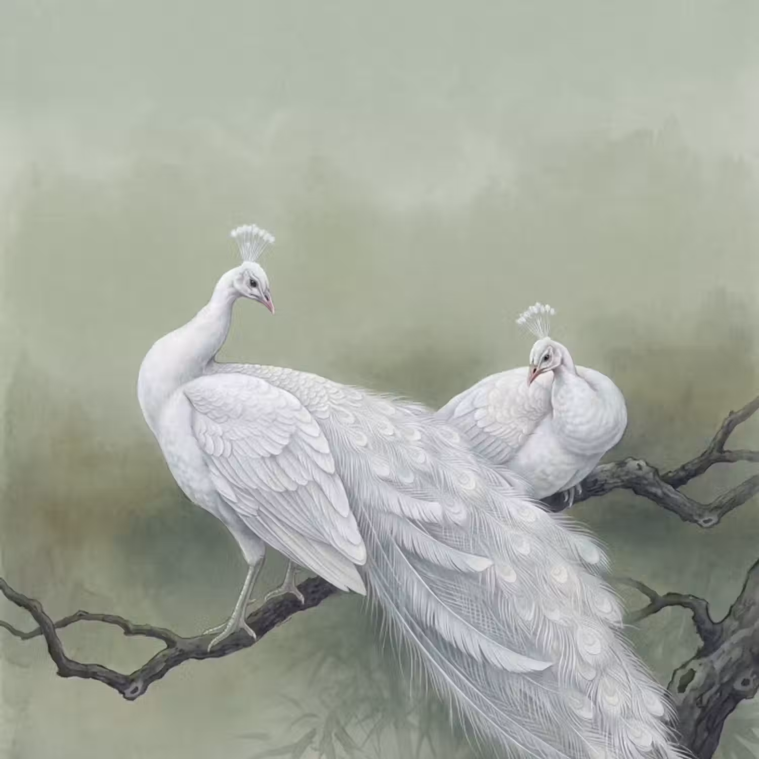 Tapete - Pfaue - Weiß - Natur - Grün