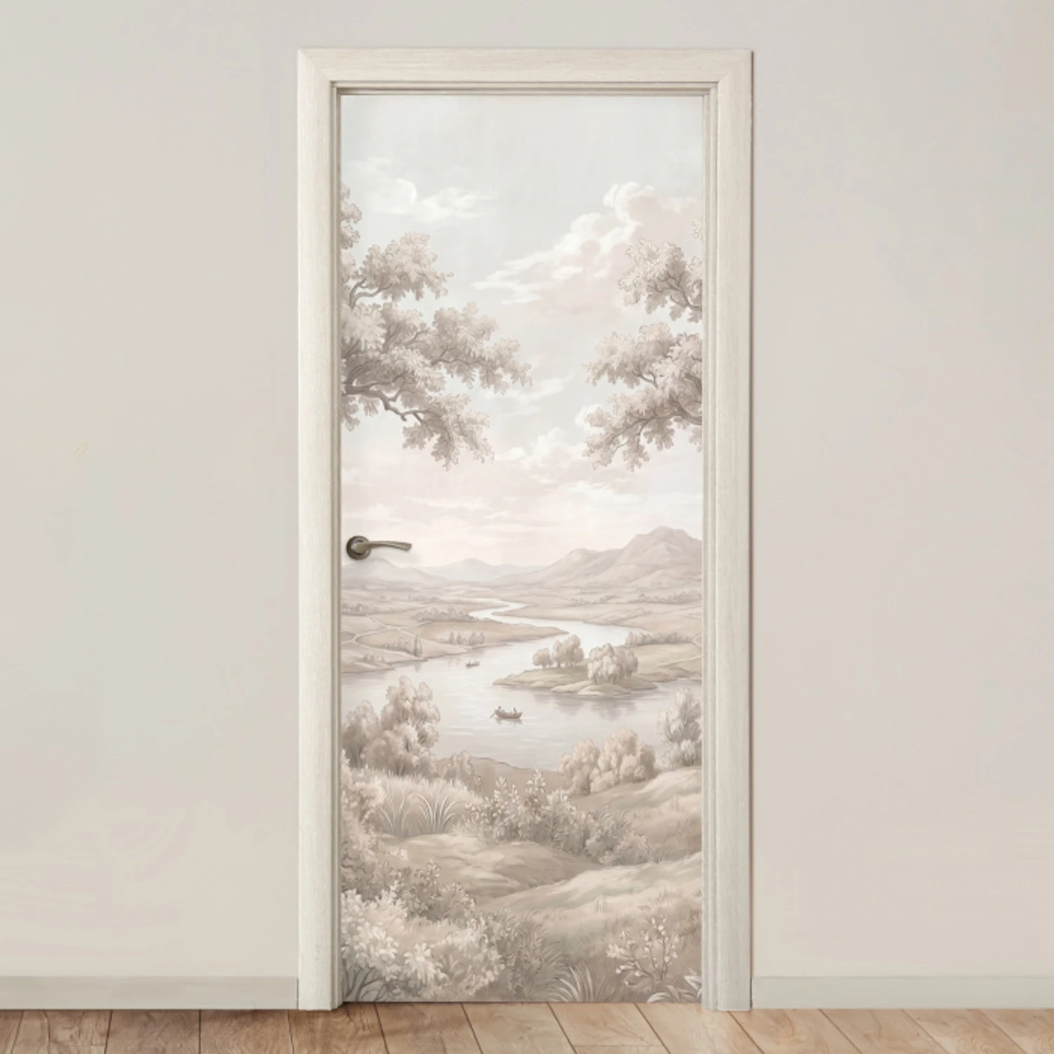 Rivierlandschap - Bergen - Natuur - Vintage - Beige deurposter klein -3d_beige