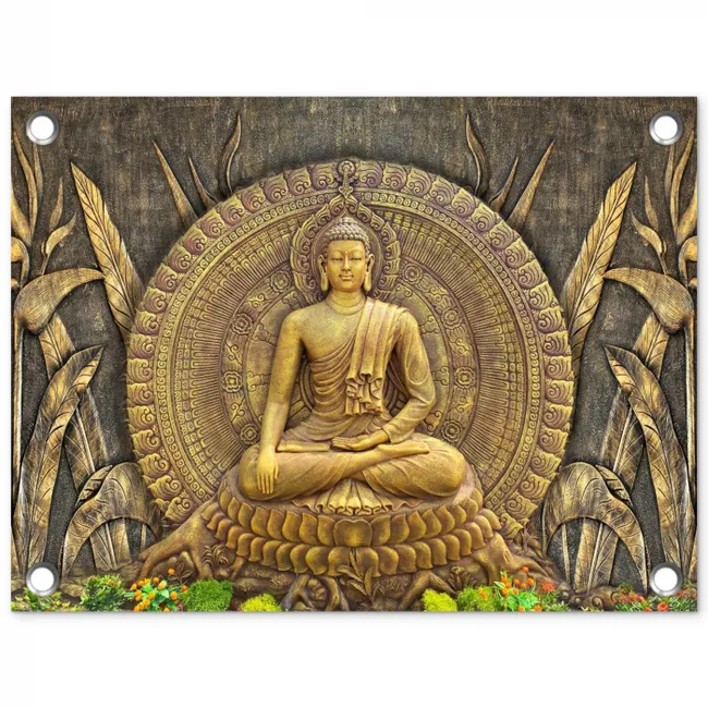 Gouden Boeddha-reliëf tuinposter los doek klein -3d