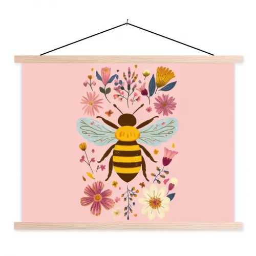 Bij - Geel - Bloemen - Kleurrijk textielposter latten blank klein -3d