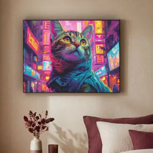 Kat - Pop art - China - Neon - Stad Textielframe zwart klein -sfeer1