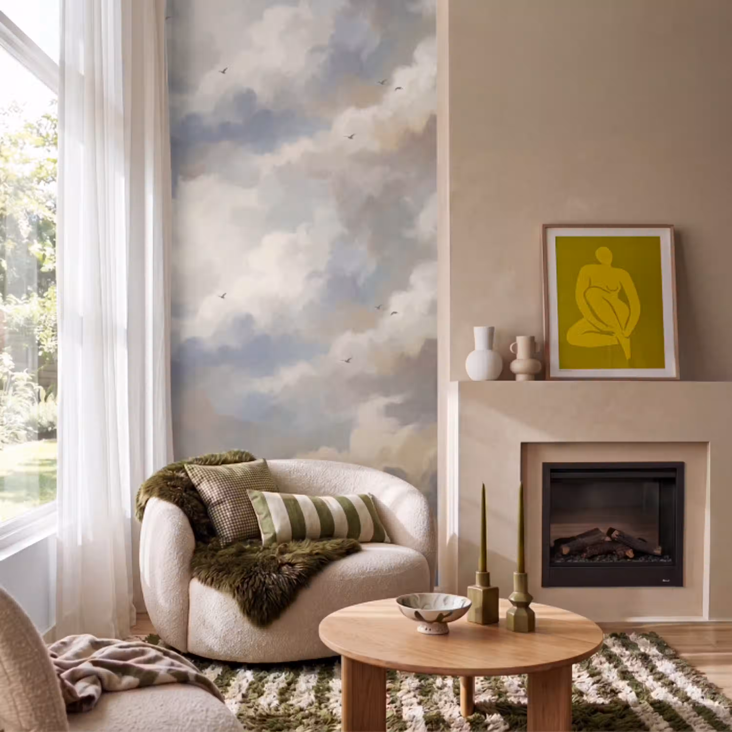 Vogel - Wolken - Natuur - Modern - Grijs Behang Vlies klein -sfeer2