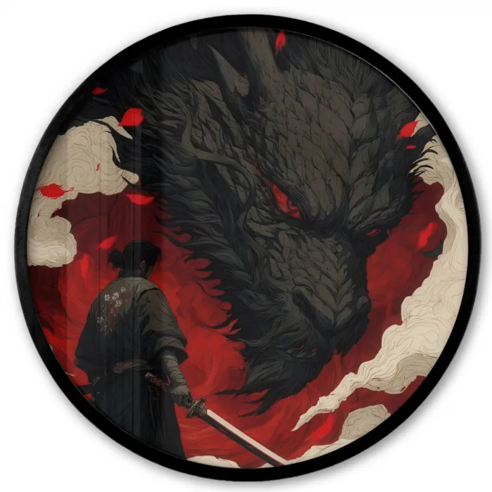 Krijger - Draak - Zwart - Rood - Rook Fotolijst rond zonder passe partout klein -3d