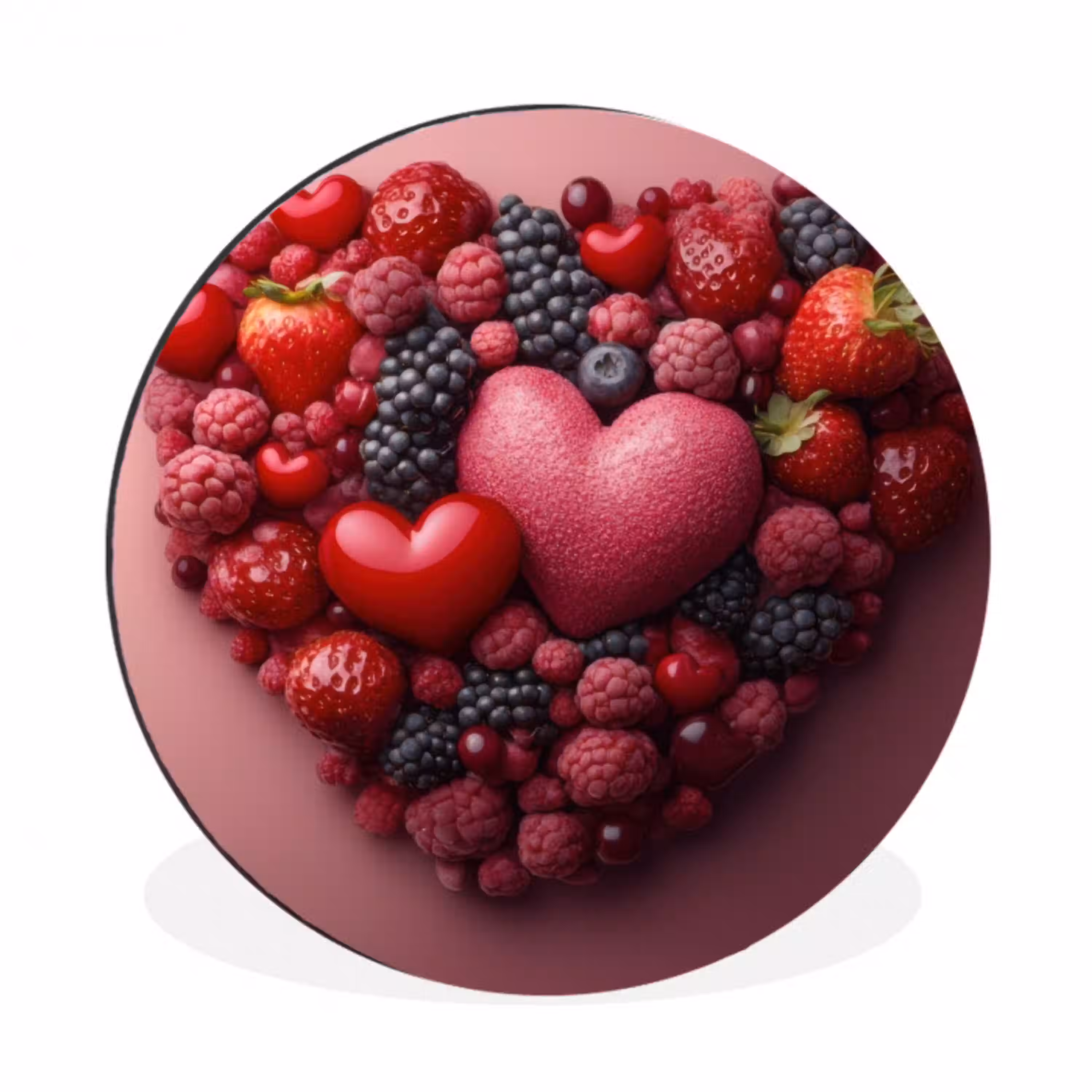 Fruit - Hartjes - Aardbeien - Frambozen - Bosbessen Wandcirkel aluminium klein -3d