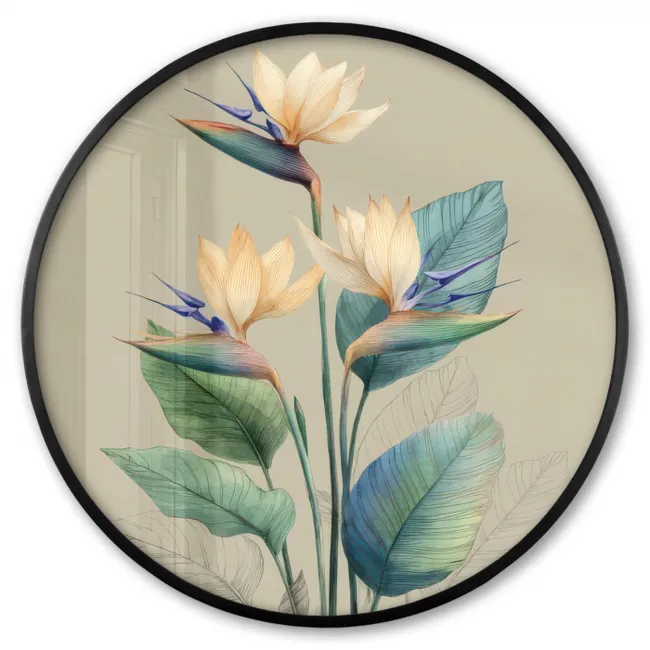 Photo Frame Round - Bird of paradise flowers - Blue-green leaves - Beige