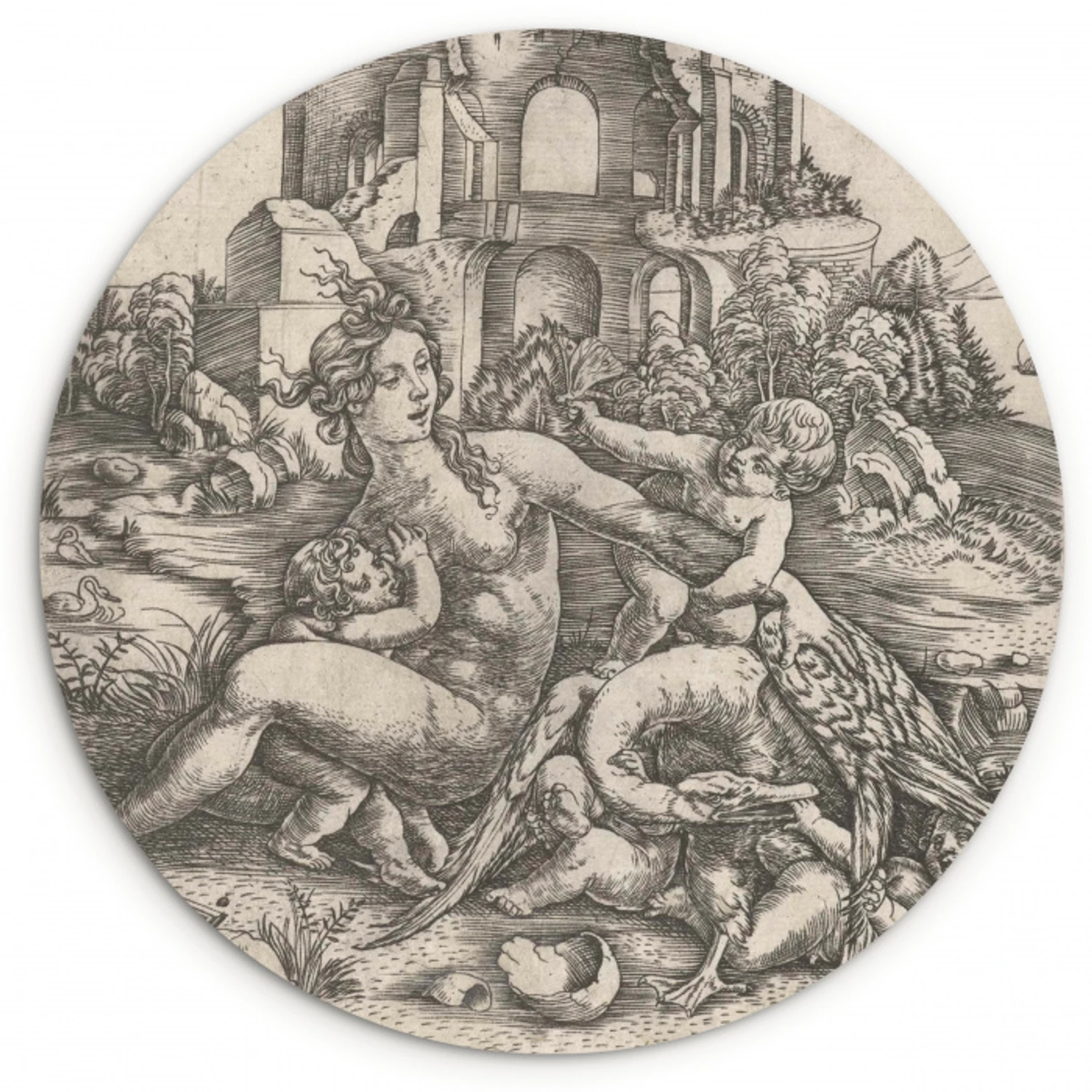 Leda en de zwaan met haar vier kinderen - Schilderij van Meester IB met de vogel Wandcirkel kunststof plaat 5mm dik klein -3d