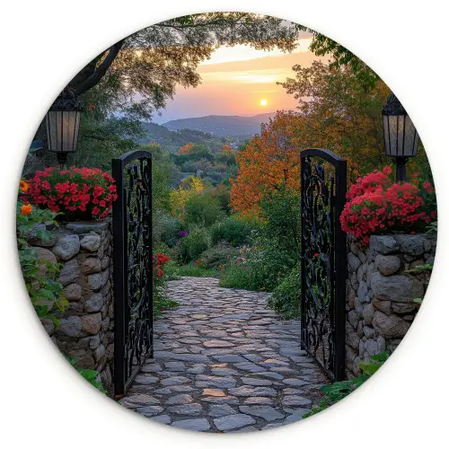 Landschap - Hek - Pad - Zonsondergang - Natuur Wandcirkel plexiglas klein -3d