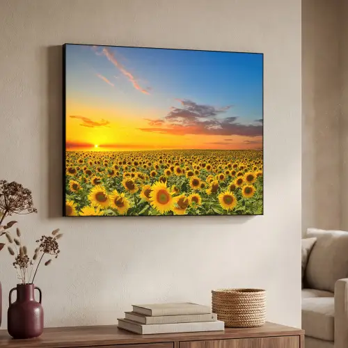 Bloemen - Zonnebloem - Zonsondergang - Nacht - Oranje Textielframe zwart klein -sfeer3