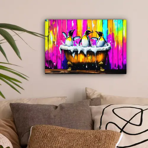 Pinguïns - Badkuip - Kleurrijk - Schuim canvas 2cm klein -sfeer1