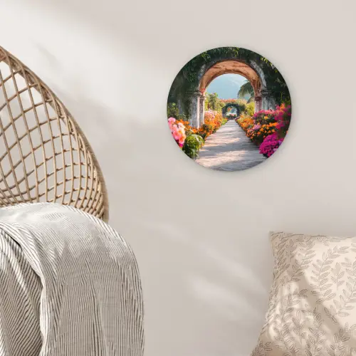 Doorkijk - Bloemen - Tropisch - Kleurrijk Wandcirkel kunststof plaat 5mm dik klein -sfeer5