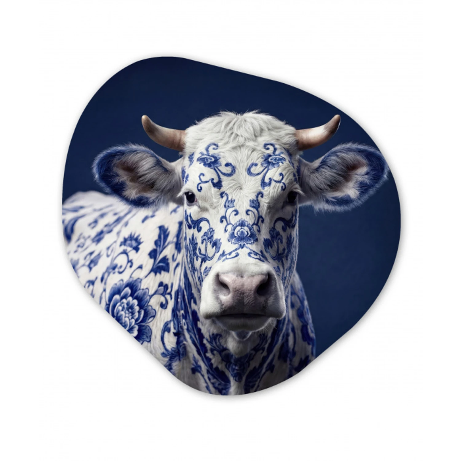 Koe - Delfts - Blauw - Artistiek Wandcirkel Organisch Aluminium middel -3d
