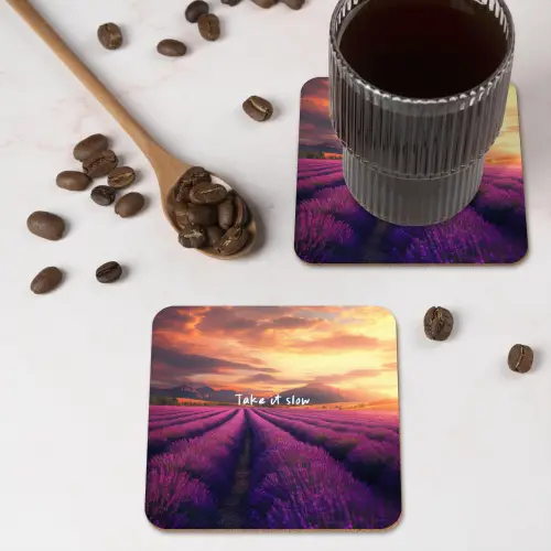 Lavendelveld - Quote - Zonsondergang onderzetter kurk middel -sfeer2