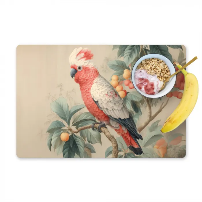 Roze kuifkaketoe - Tak met vruchten - Bladeren Placemat vinyl groot -zzzproduct_Kitchenyeah-website