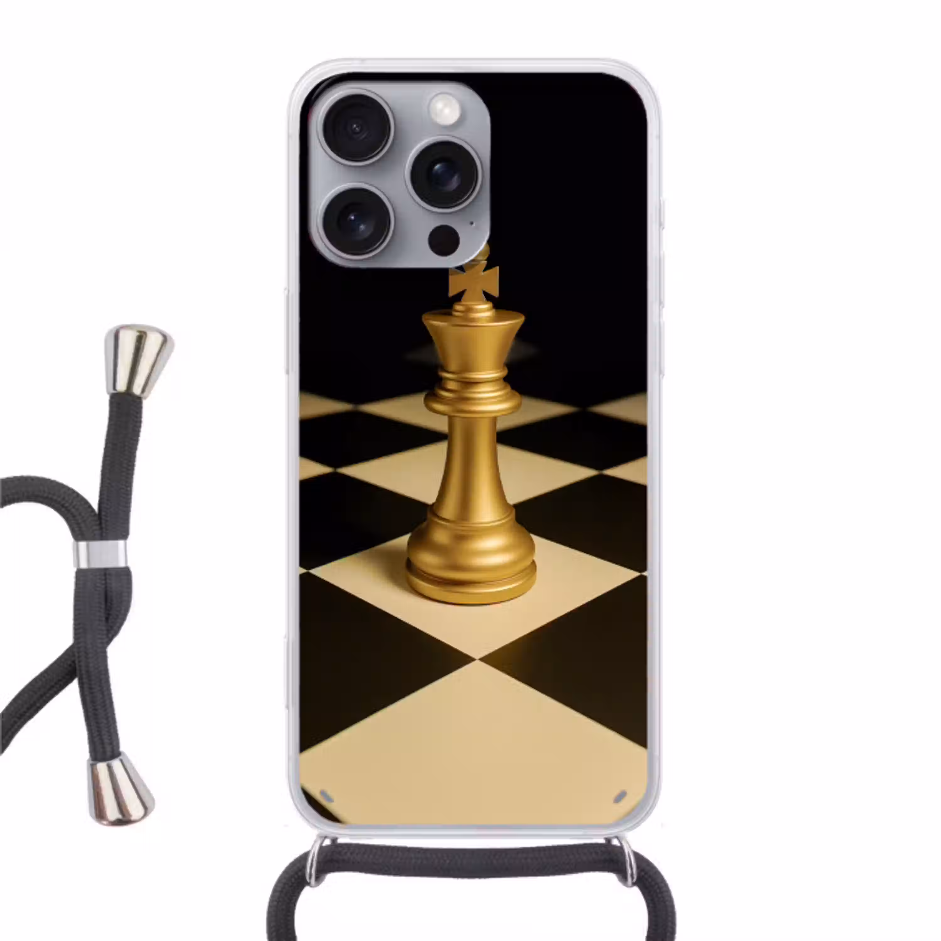 Schaakstuk - Koning - Schaakbord - Geblokt Hoesje iPhone 16 Pro Max met koord klein -3d