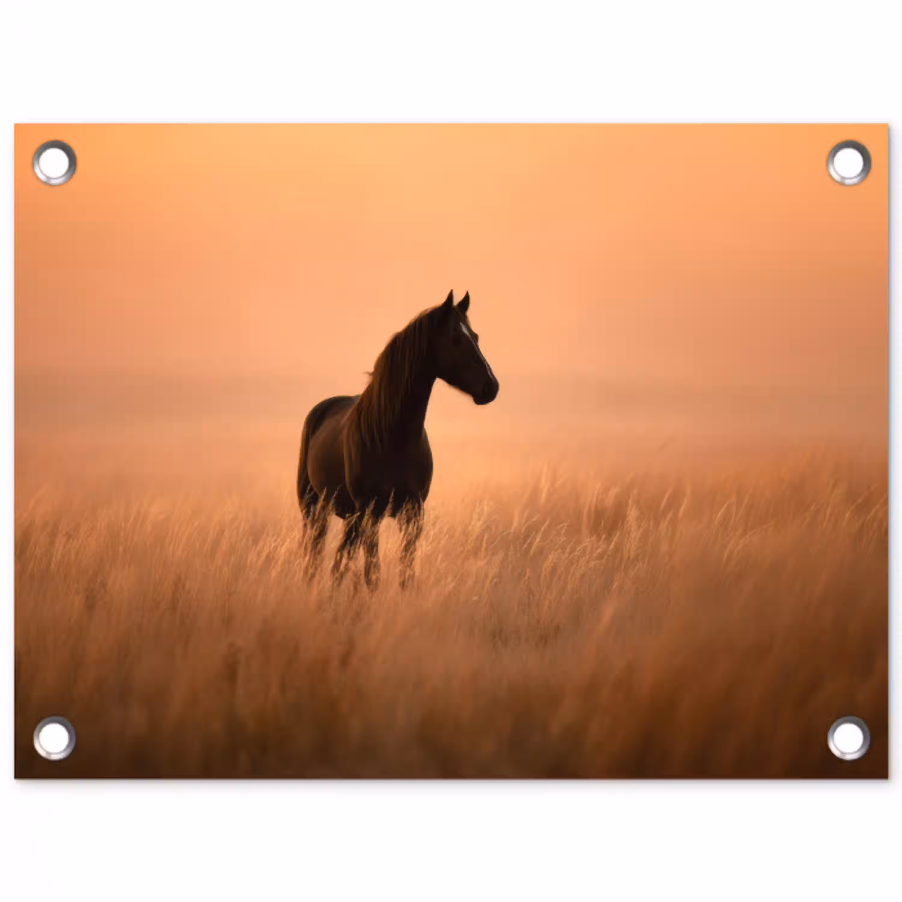 Paard - Grasveld - Zonsondergang tuinposter los doek klein -3d