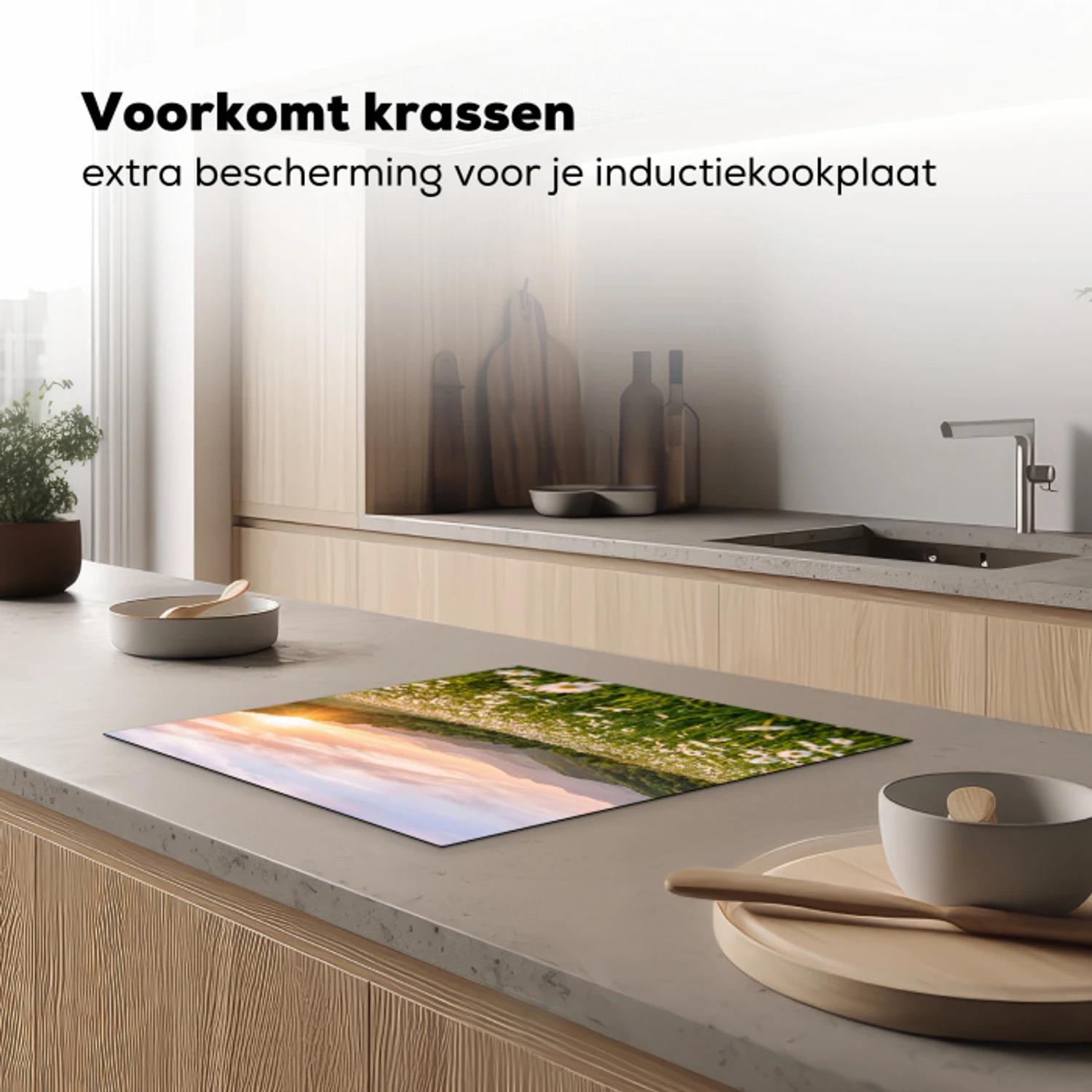 Madelief - Veld - Heuvels - Groen Inductie beschermer vinyl 3mm middel -sfeer1