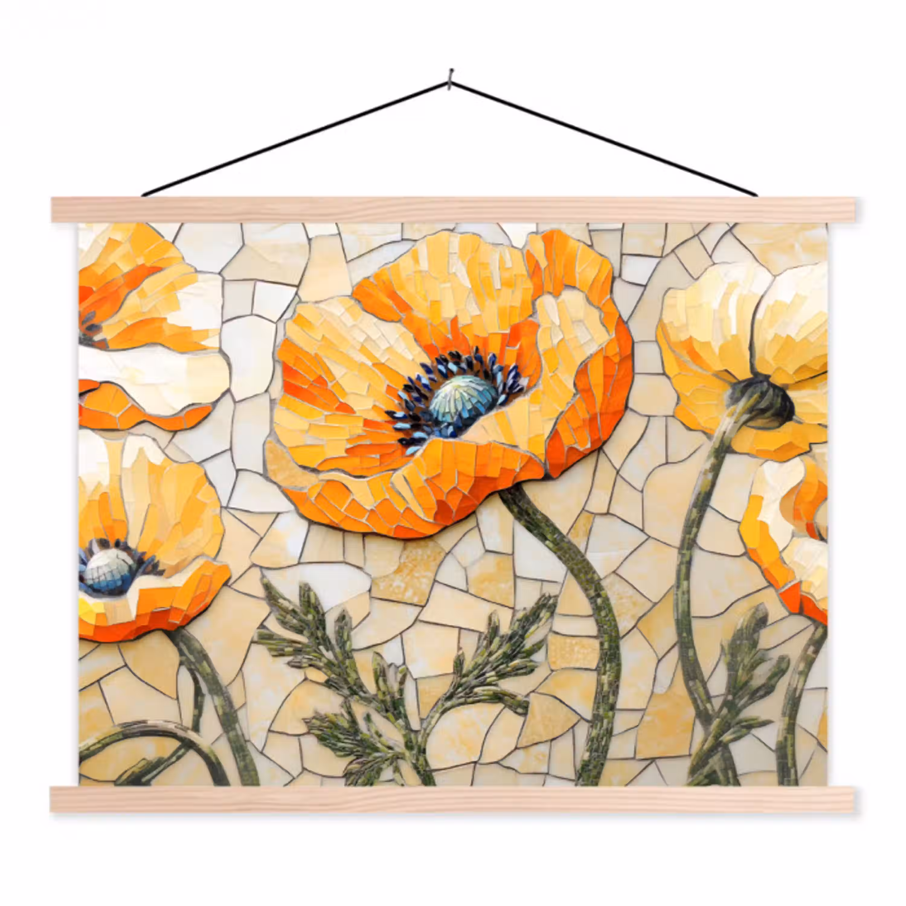 Klaprozen - Oranje - Mozaïek - Bladeren textielposter latten blank klein -3d
