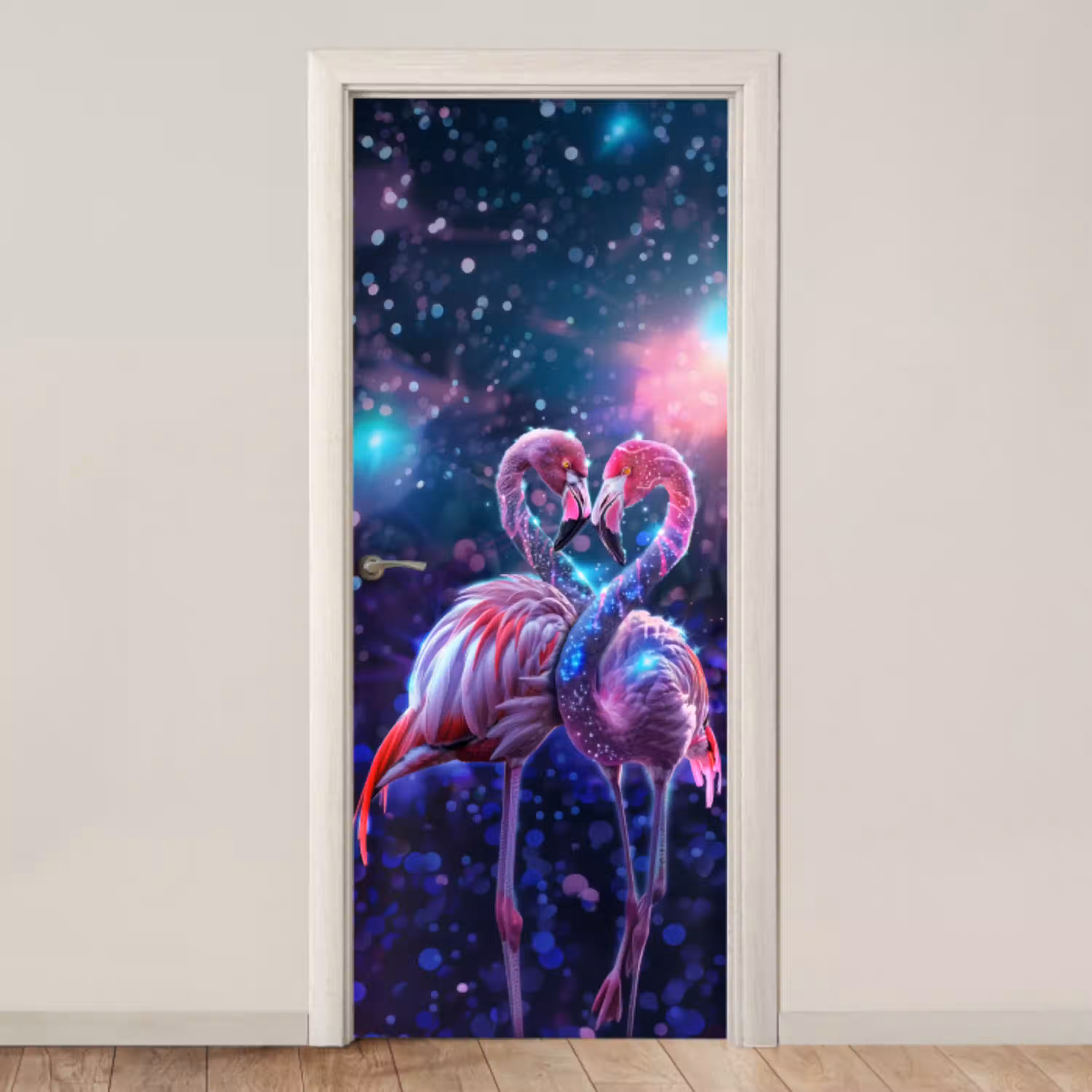 Flamingo's - Dieren - Ruimte - Galaxy deurposter klein -3d_beige