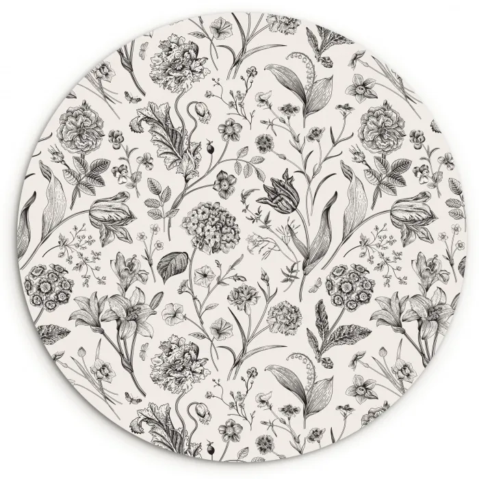 Classic - Black - White - Floral Wandcirkel plexiglas klein 852 -3d