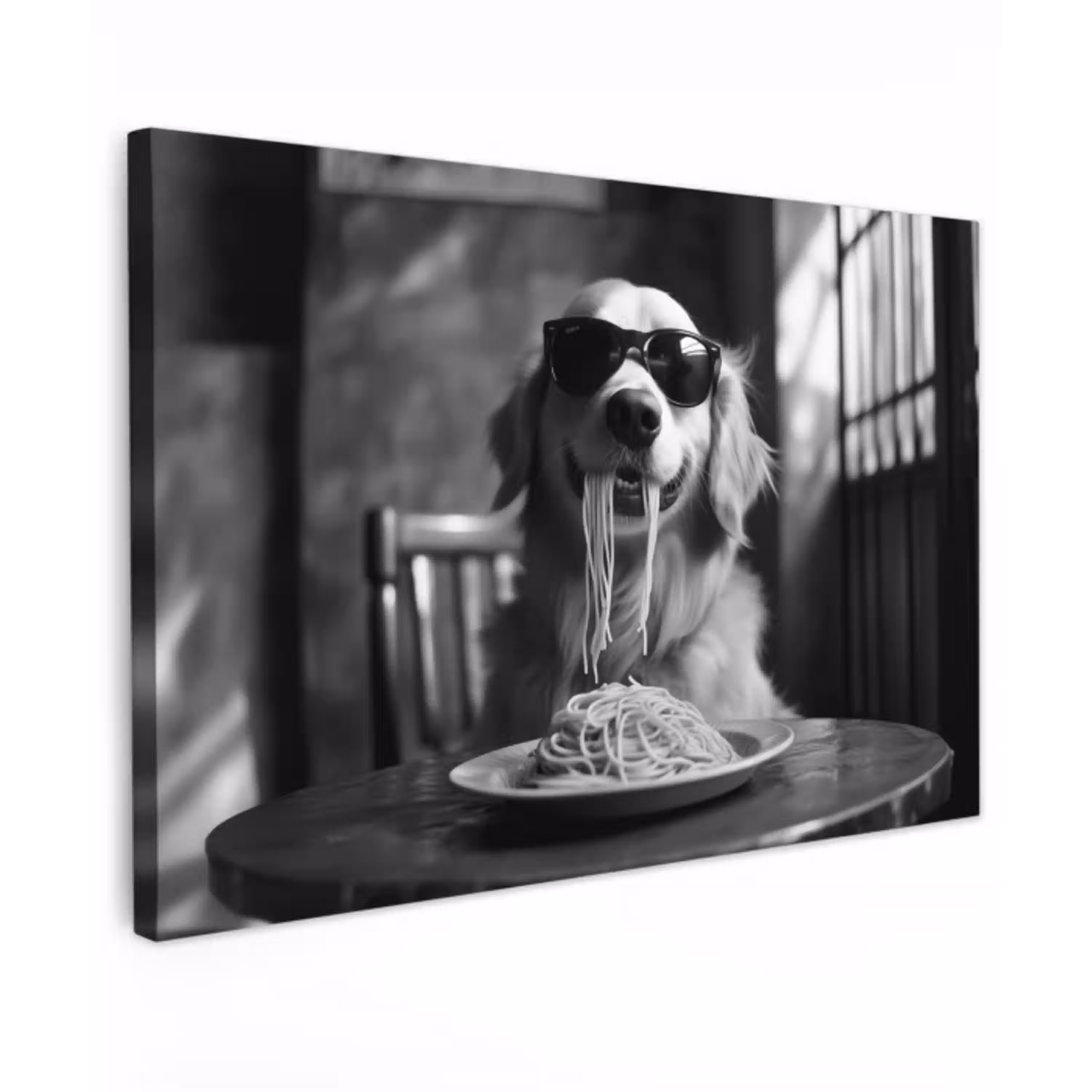 Golden Retriever - Hond - Vrolijk -  Bord spaghetti - Zwart - wit Tuinposter op houten frame 2 cm dik klein -3d