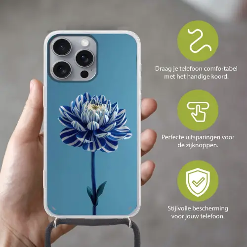 Bloem - Blauw - Bloemblaadjes - Streepjes Hoesje iPhone 16 Pro Max met koord klein -sfeer2_NL