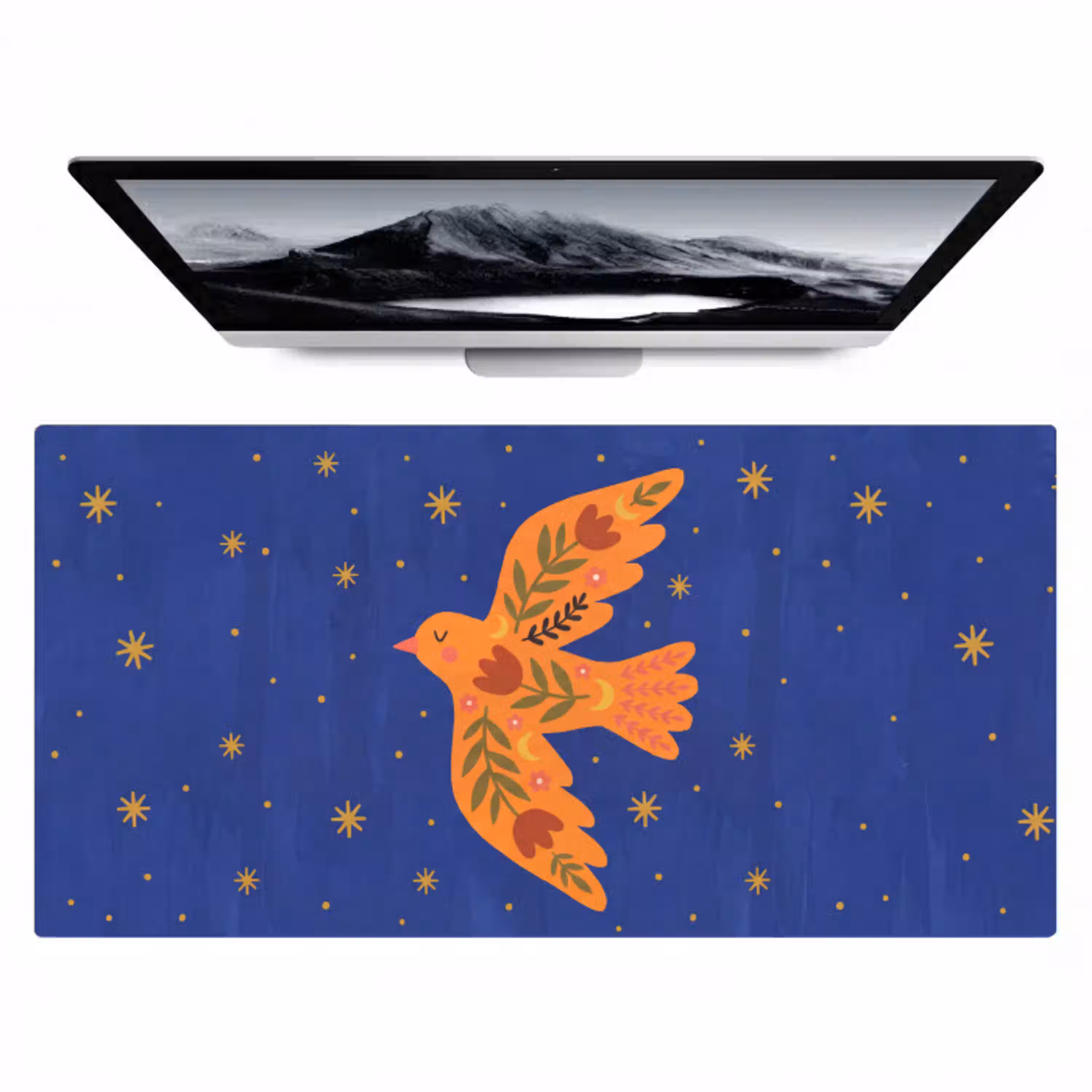 Vogel - Bloemen - Decoratief - Oranje - Blauw Muismat XXL klein -zzz3d