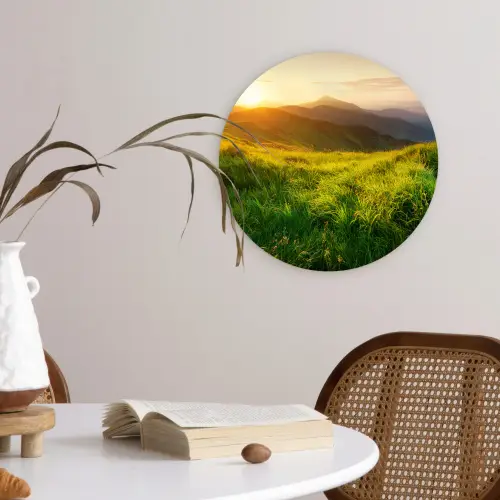 Gras - Heuvels - Zon - Natuur - Landschap Wandcirkel kunststof plaat 5mm dik klein -sfeer4