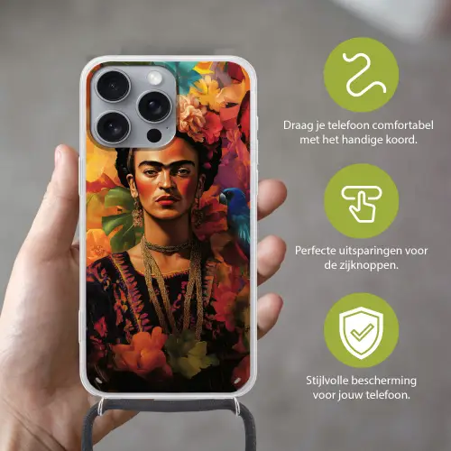 Vrouw - Bloemen - Papegaai - Schilderachtig Hoesje iPhone 16 Pro Max met koord klein -sfeer2_NL
