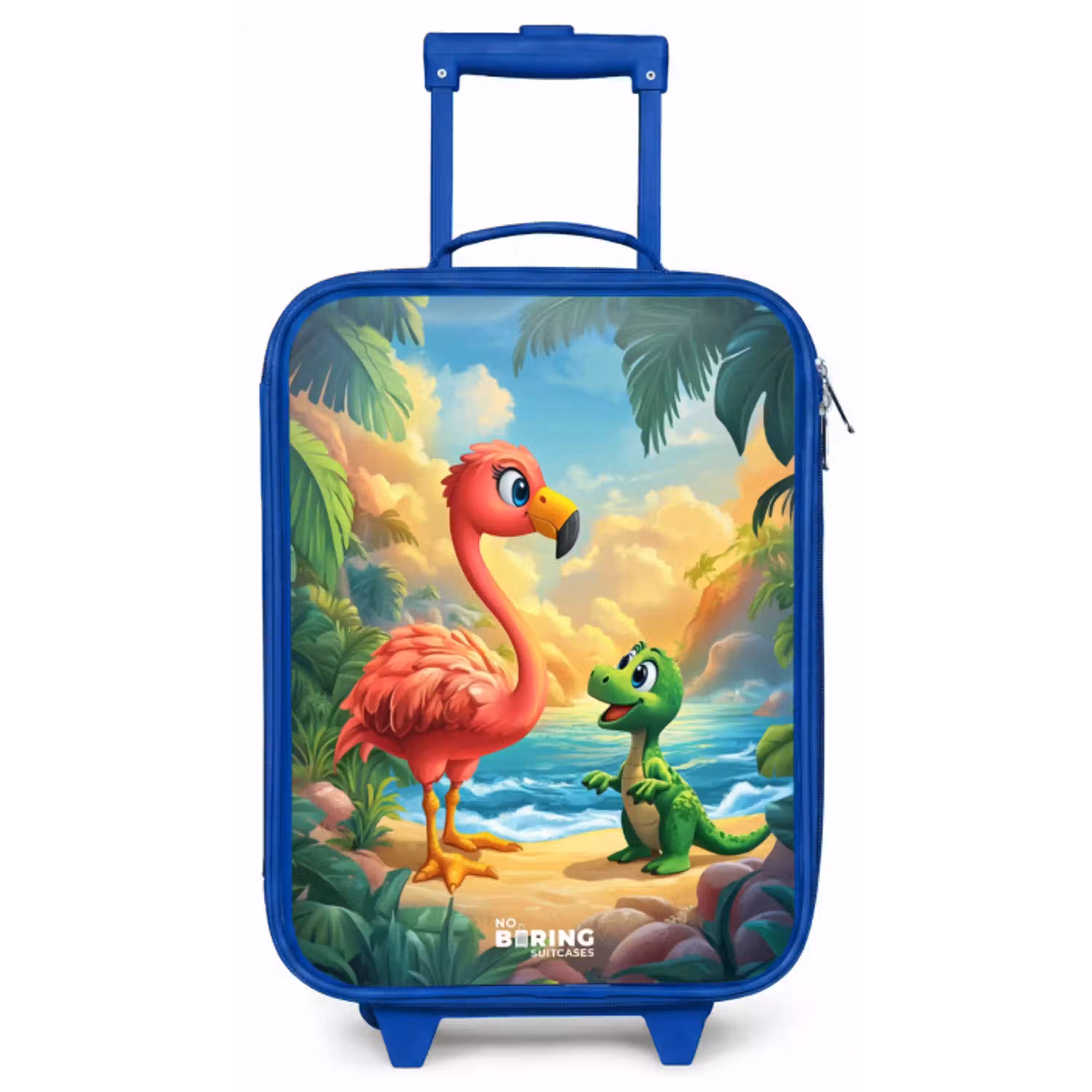 Flamingo en dinosaurus op strand bij ondergaande zon Kinderkoffer - Blauw klein -zz3dotto